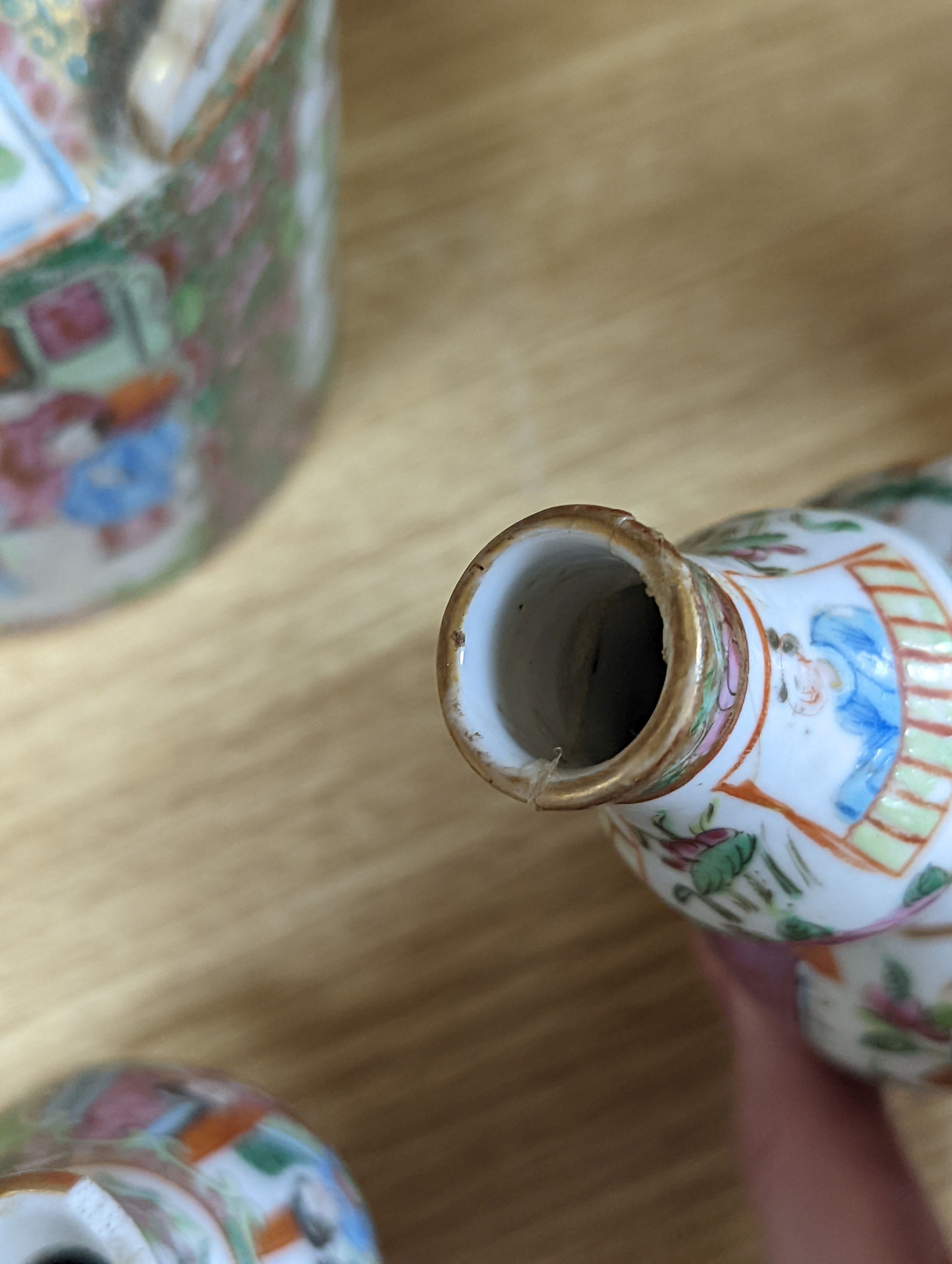 A group of Canton famille teawares and vases, largest 25cm